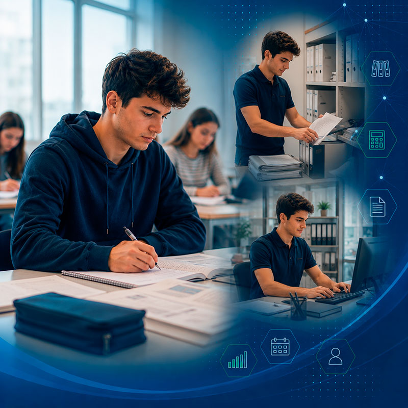 Estudiante de Gestión Administrativa preparándose para desempeñar funciones administrativas y de gestión documental en empresas.