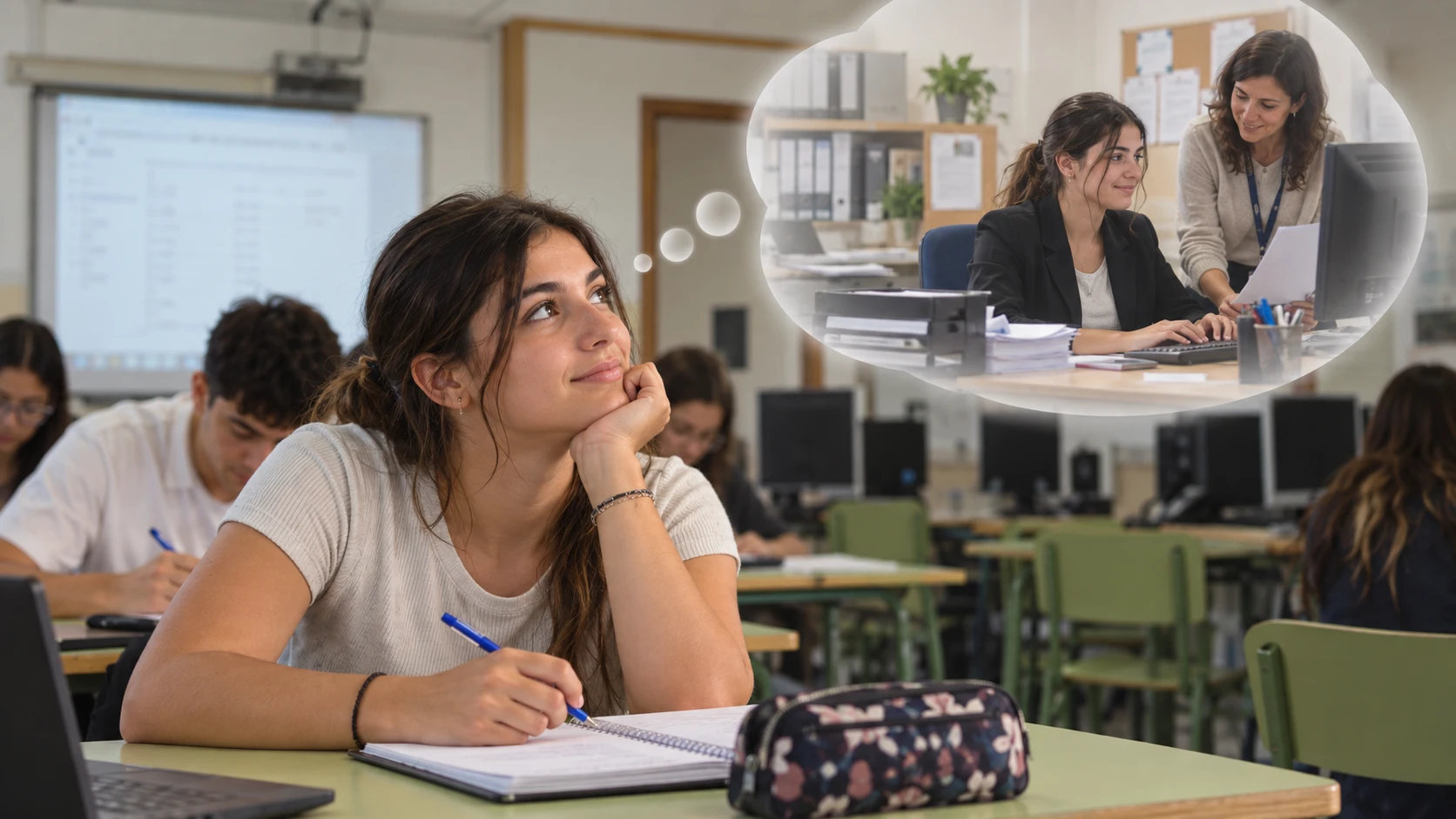Alumna del Centro de Formación Profesional Rumasa en el aula imaginando su futuro profesional mientras estudia.