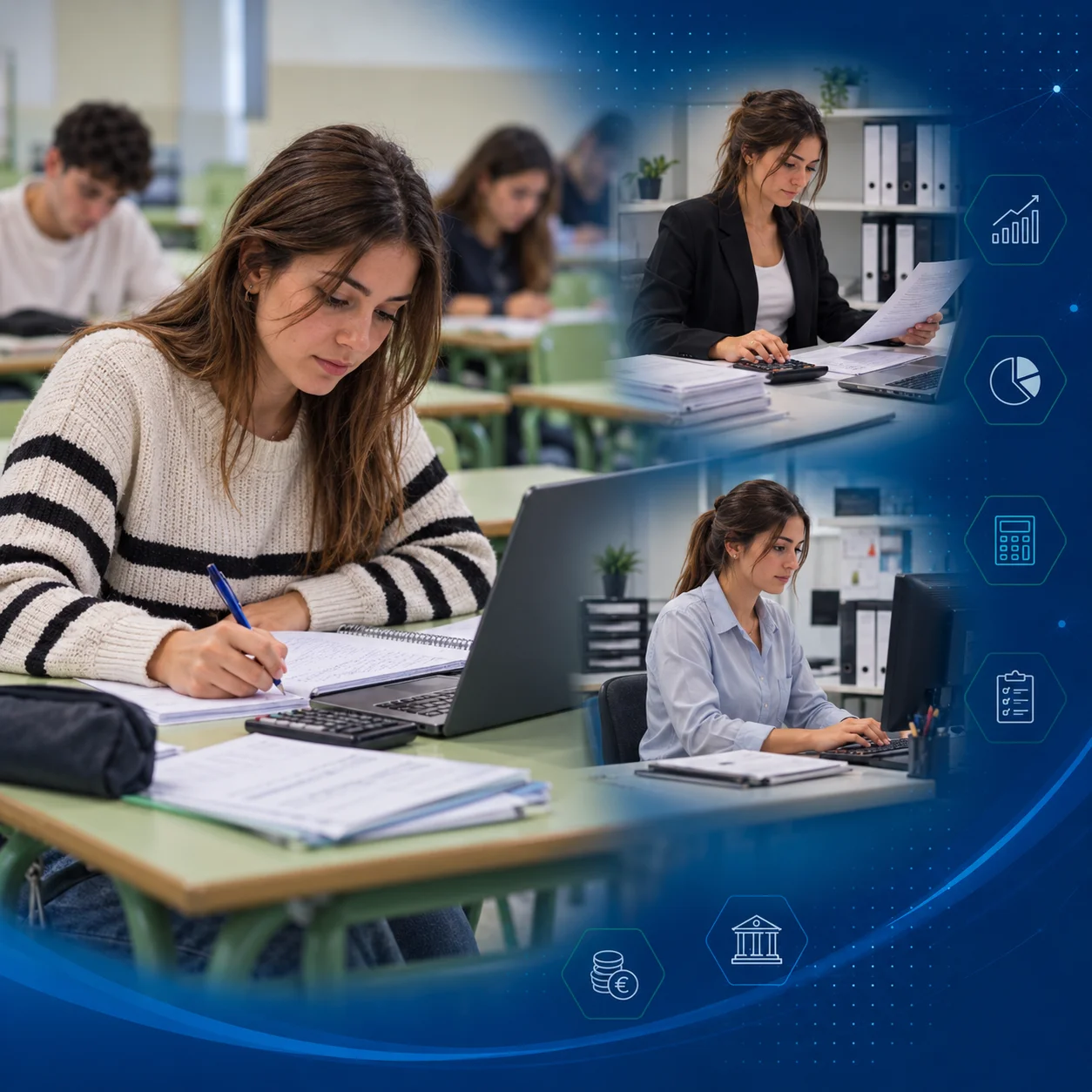 Estudiante del Grado Superior en Administración y Finanzas de Rumasa formándose en el aula y visualizando su futuro profesional en el ámbito administrativo y financiero.